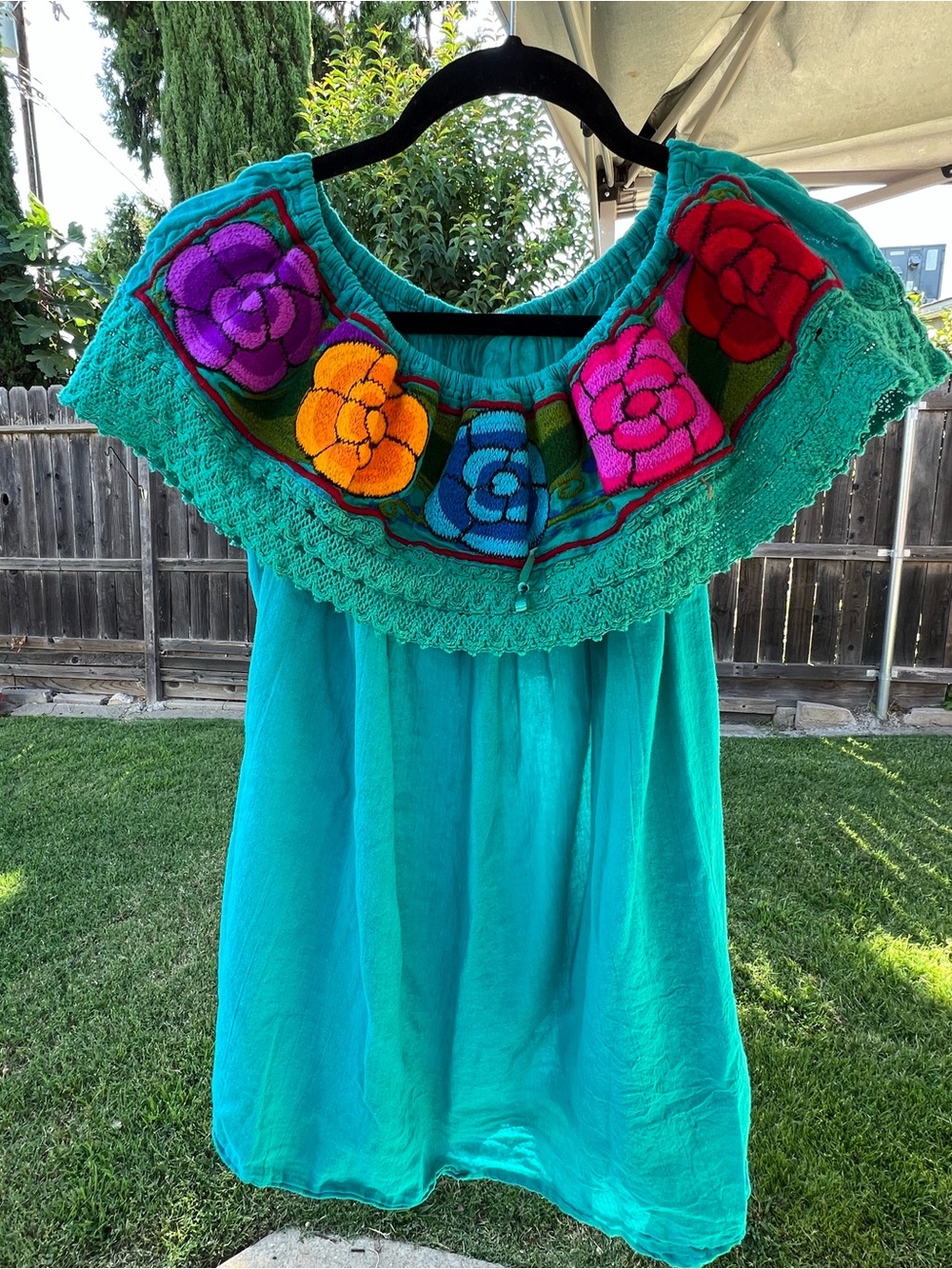 MEXICANA Turquoise Off-Shoulder Tunic with Multicolor Floral Embroidery